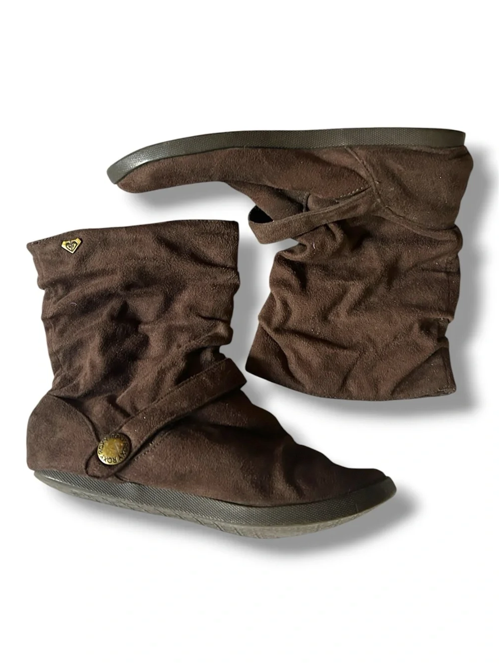 ROXY Chocolate Brown MicroSuede Slouch Ankle Boots Button Strap Logo Accents 6.5